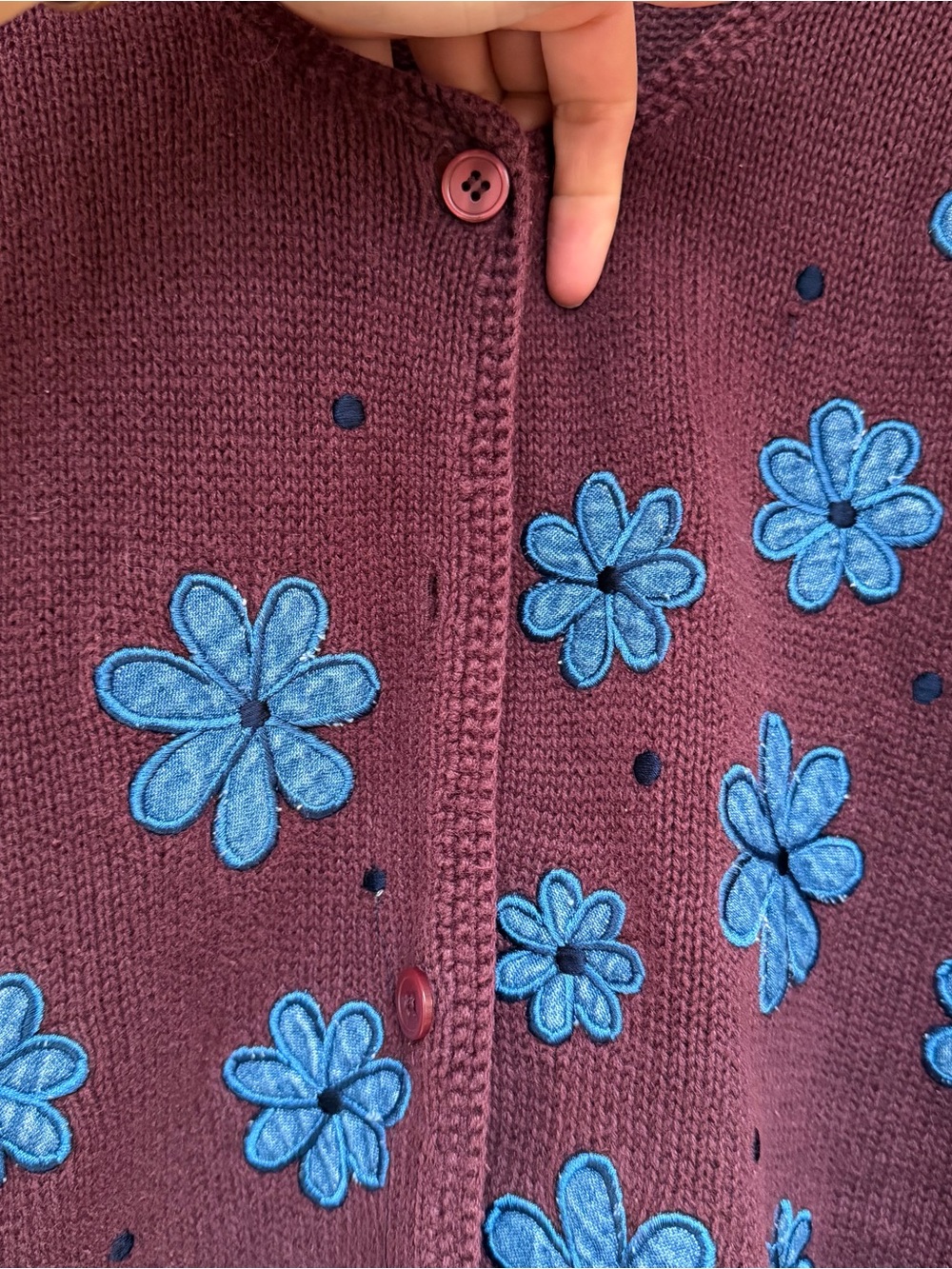 Christopher & Banks Burgundy Cardigan with Blue Floral Appliqué - Picture 3 of 5